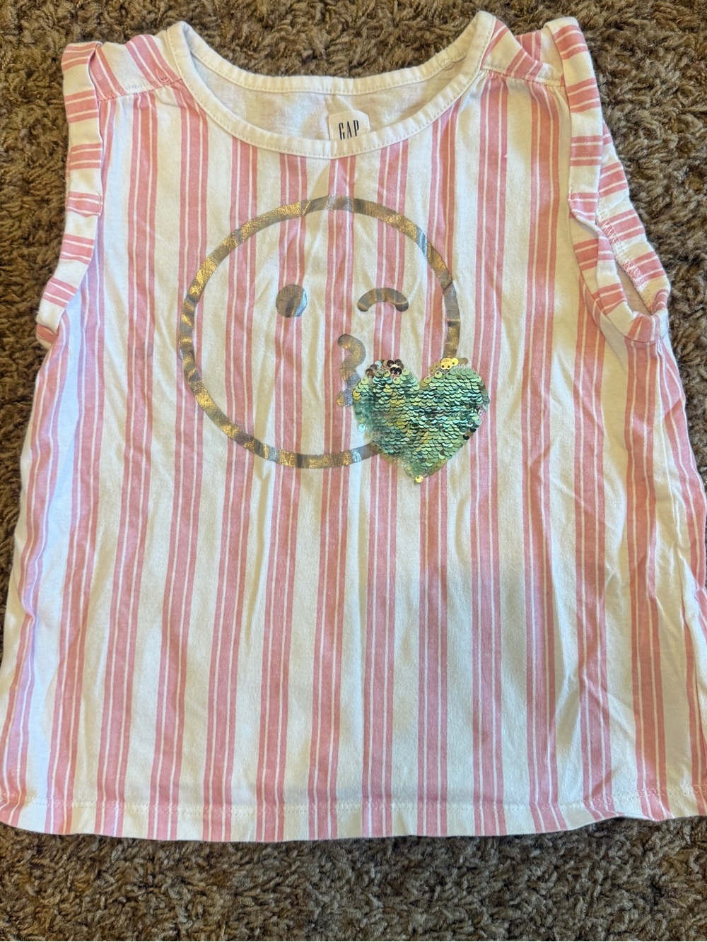 GAP Pink and White Stripe Tank with silver Wink Emoji and Sequin Heart
